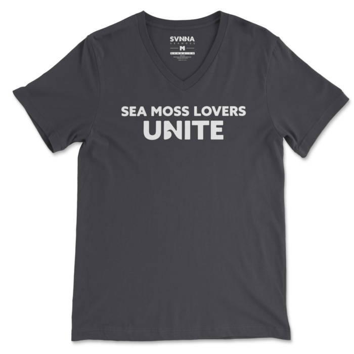 Front of Men's Dark Gray V Neck T-Shirt with White Text. 1st Line: SEA MOSS LOVERS, 2nd Line: UNITE (in large letters)