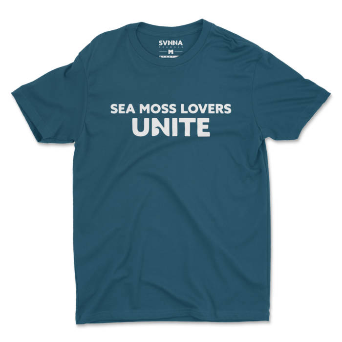 Front of Men's Teal Crew Neck T-Shirt with White Text. 1st Line: SEA MOSS LOVERS, 2nd Line: UNITE (in large letters)