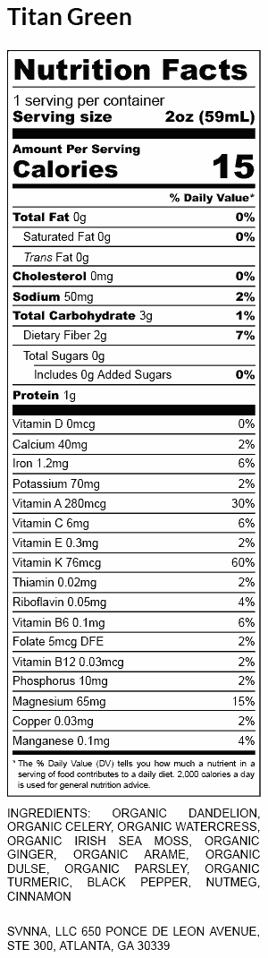 Titan Green - Nutrition Facts (text details available on product page)