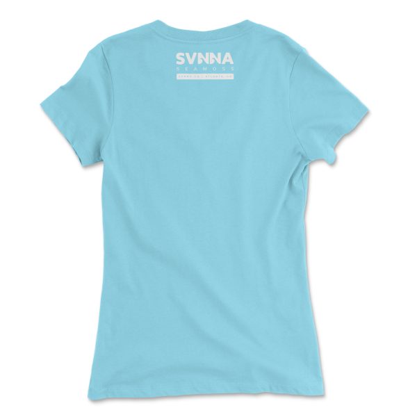 Back of Women's Cancun V Neck T-Shirt with small, white SVNNA SEA MOSS logo centered near neckline with white bar underneath and "SVNNA.CO | ATLANTA,GA" in reverse lettering