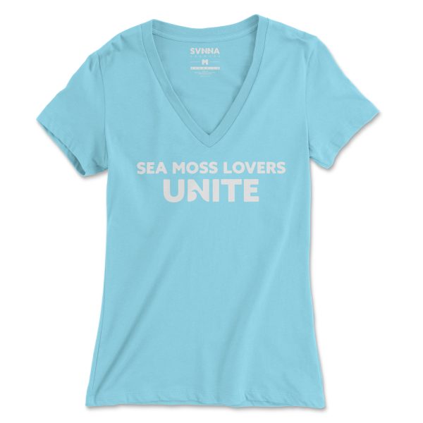 Front of Women's Cancun V Neck T-Shirt with White Text. 1st Line: SEA MOSS LOVERS, 2nd Line: UNITE (in large letters)