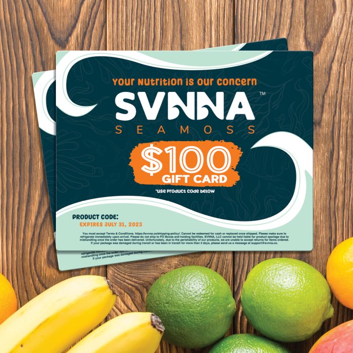 SVNNA Gift Card on table with fruit