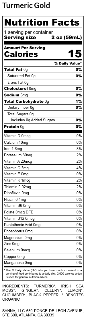 Turmeric Gold Nutrition Label